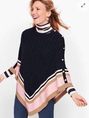 NWT Talbots Women's Navy Blue Cable Knit Striped Cashmere Blend Poncho Sweater